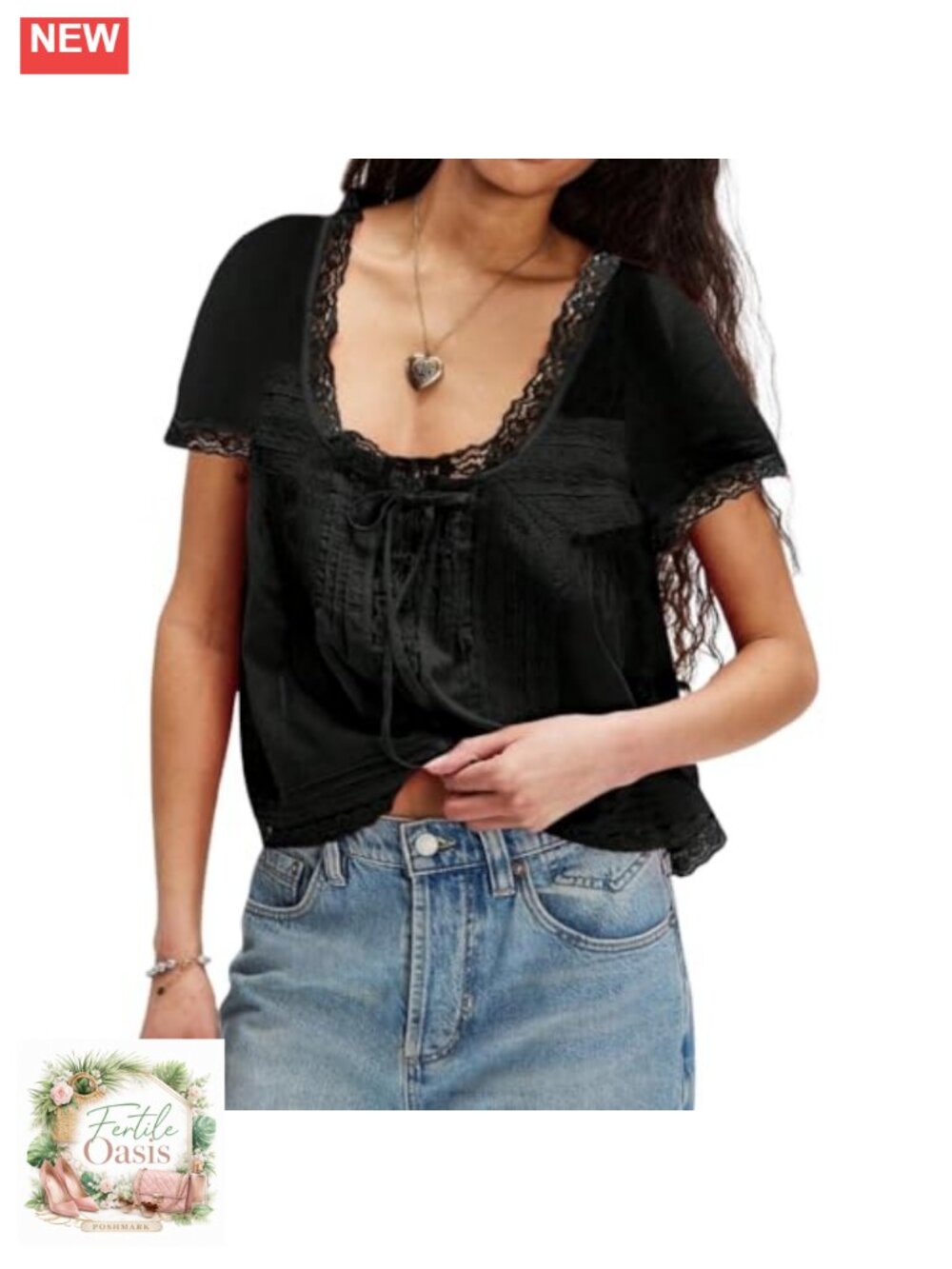 Boho Lace Trim Crop Tee Button Down Scoop Neck Flowy Short Sleeve Blouse Top